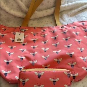Fossil Coral Bee-Print Tote with Yellow Straps